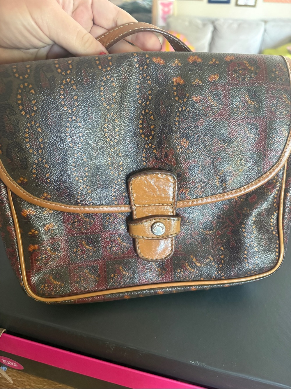 Vintage Escada Brown Patterned Leather Crossbody Bag with Tan Trim